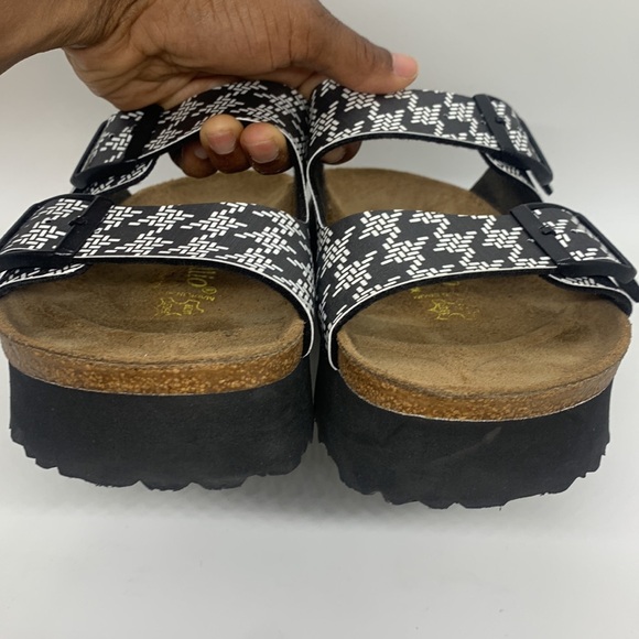Papillio Birkenstock Arizona Knotted Sandal Black White L8 M6 Platform Chunky - Picture 15 of 16